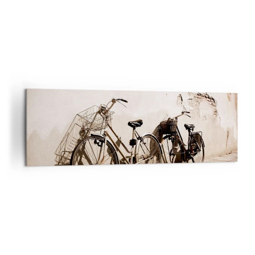 Impression sur toile - Image sur toile - Deux vélos appuyés contre un vieux mur de style rétro - 160x50cm - Le charme inoubliable du passé - Décoration murale moderne pour le salon et la chambre ARTTOR