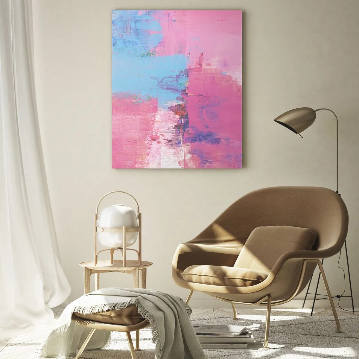 Impression sur verre - Image sur verre - Abstraction énergétique dans les tons de rose et de bleu - 50x70cm - Du rose, du bleu et une pincée de lumière - Décoration murale moderne pour le salon et la chambre ARTTOR