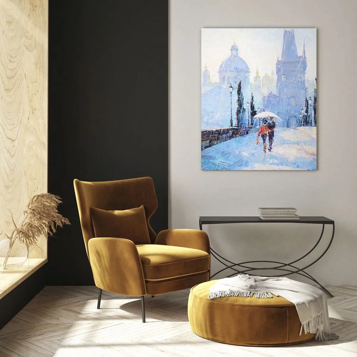 Impression sur verre - Image sur verre - Marcher avec un parapluie sur un pont historique un jour de pluie - 50x70cm - La pluie a dû nous charmer - Décoration murale moderne pour le salon et la chambre ARTTOR