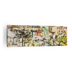 Impression sur toile - Image sur toile - Un collage de fragments de journaux et d'affiches dans un style artistique. - 160x50cm - Oh, il se passe quelque chose... - Décoration murale moderne pour le salon et la chambre ARTTOR