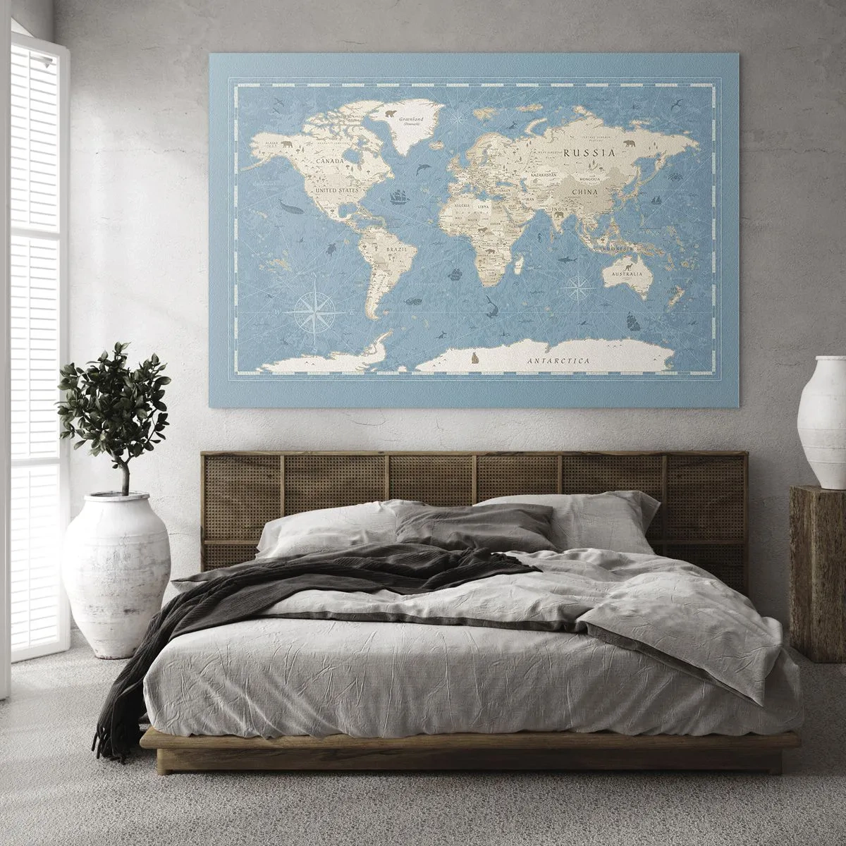 Impression sur verre - Image sur verre - Carte du monde stylisée sur fond bleu - 70x50cm - Le monde à porter de main - Décoration murale moderne pour le salon et la chambre ARTTOR