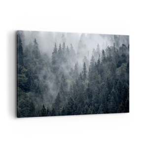 Impression sur toile - Image sur toile - Forêt de conifères brumeuse aux tons gris et verts - 120x80cm - Aube de la forêt - Décoration murale moderne pour le salon et la chambre ARTTOR