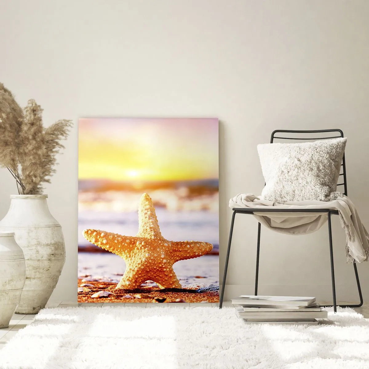 Impression sur verre - Image sur verre - Une étoile de mer sur une plage de sable à la lueur du soleil couchant - 80x120cm - Cadeau de la mer - Décoration murale moderne pour le salon et la chambre ARTTOR