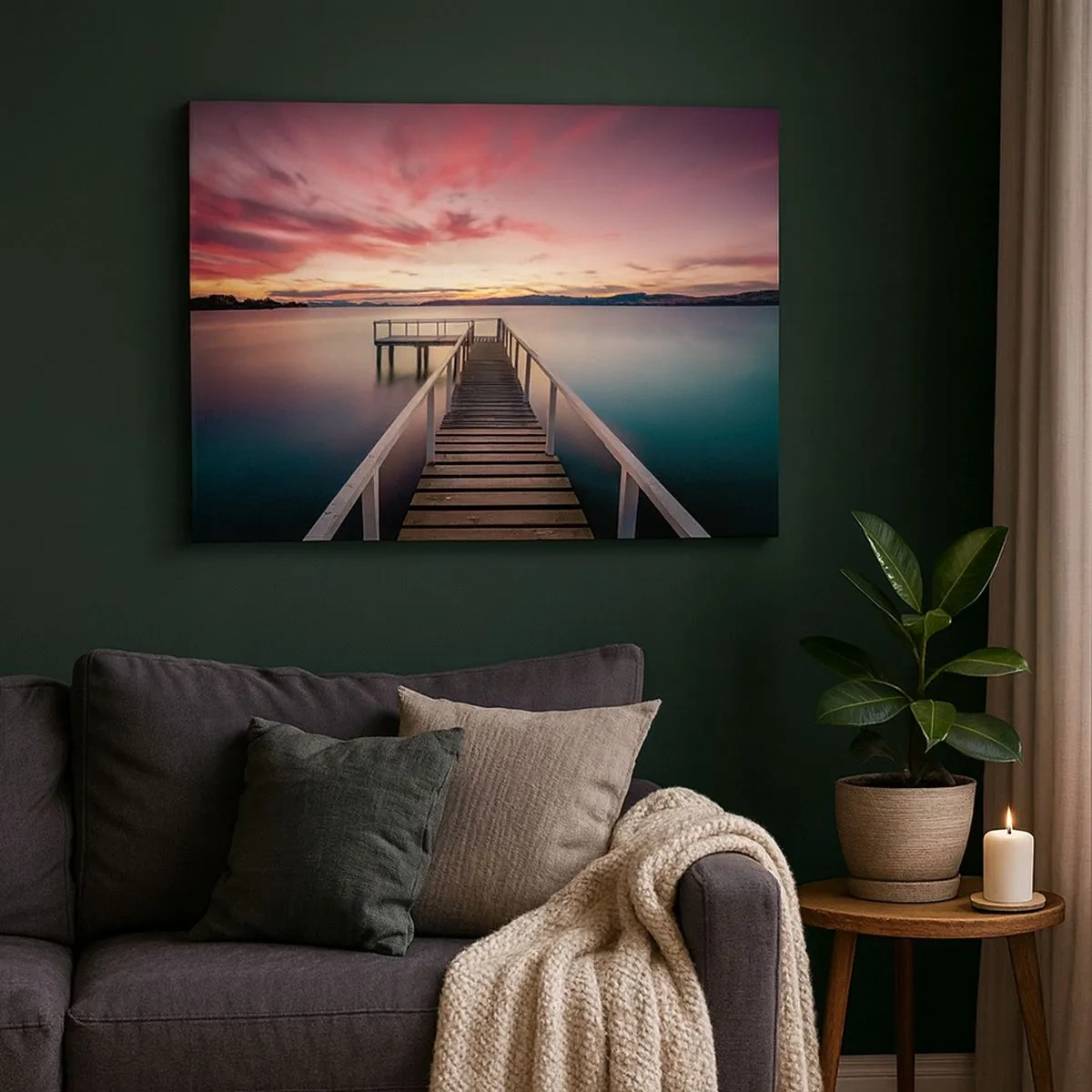 Impression sur toile - Image sur toile - Une jetée menant à un lac tranquille au coucher du soleil - 70x50cm - La douce flamme du soir - Décoration murale moderne pour le salon et la chambre ARTTOR