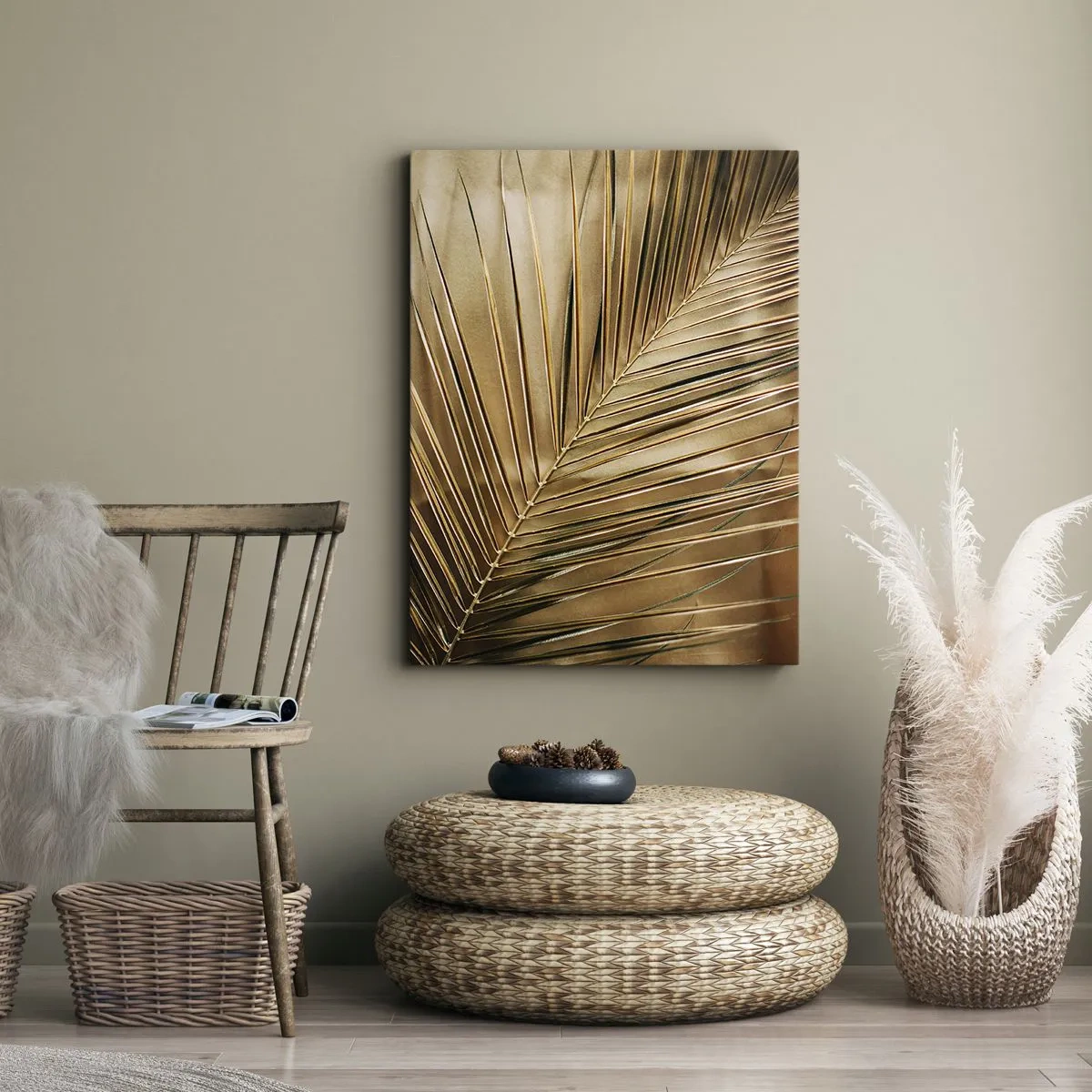 Impression sur toile - Image sur toile - Feuille de palmier dorée sur fond uni - 70x100cm - Colonnade naturelle - Décoration murale moderne pour le salon et la chambre ARTTOR