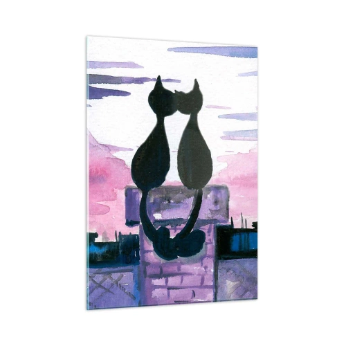 Impression sur verre - Image sur verre - Silhouettes de deux chats contre le soleil couchant - 50x70cm - Rendez-vous sous la lune - Décoration murale moderne pour le salon et la chambre ARTTOR