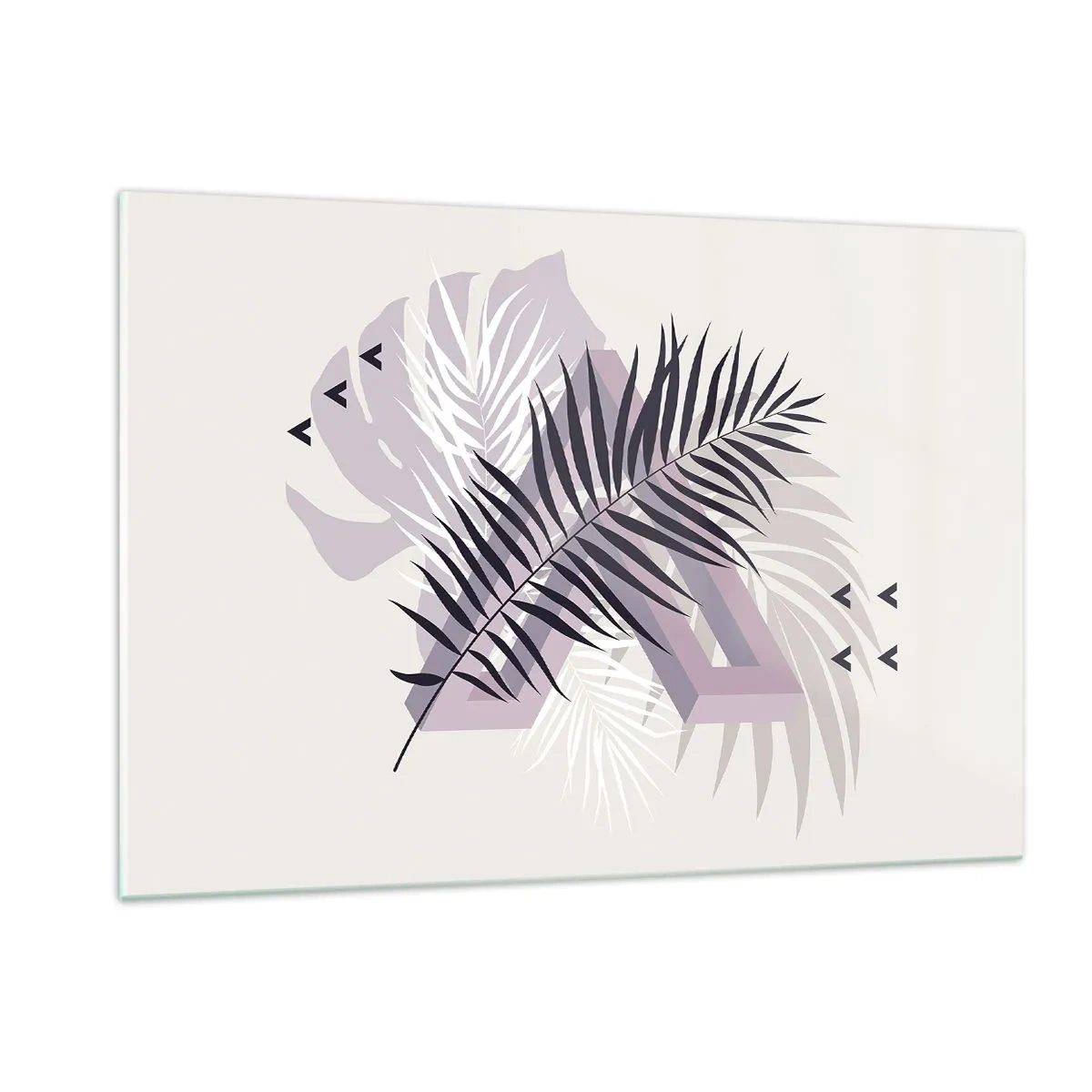 Impression sur verre - Image sur verre - Une composition minimaliste avec des feuilles de palmier et des formes géométriques. - 120x80cm - L'ombre de l'obscurité - Décoration murale moderne pour le salon et la chambre ARTTOR
