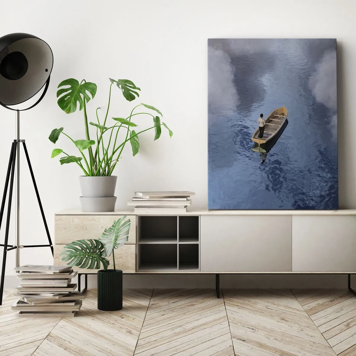 Impression sur toile - Image sur toile - Un homme dans un bateau sur une mer calme entourée de nuages - 70x100cm - Vie – voyage – inconnu - Décoration murale moderne pour le salon et la chambre ARTTOR
