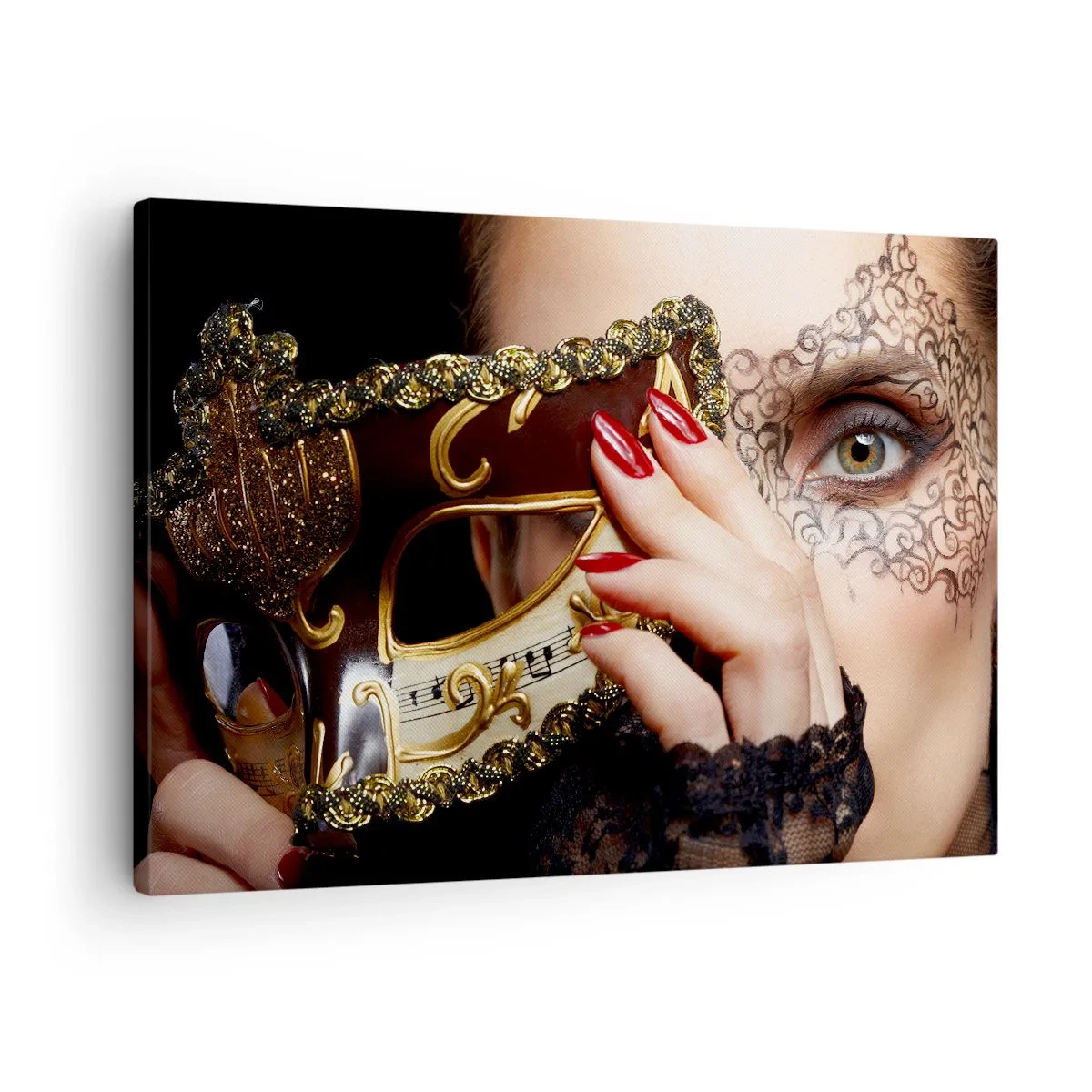 Impression sur toile - Image sur toile - Une femme portant un masque vénitien décoré d'or et de dentelle. - 70x50cm - Mon monde est baroque - Décoration murale moderne pour le salon et la chambre ARTTOR