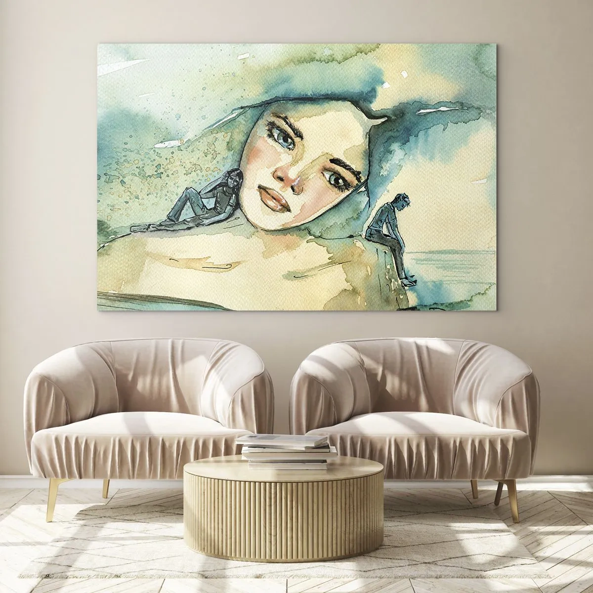 Impression sur verre - Image sur verre - Portrait d'une femme dans un style aquarelle avec des silhouettes de personnages - 70x50cm - Suis-je bleu? - Décoration murale moderne pour le salon et la chambre ARTTOR