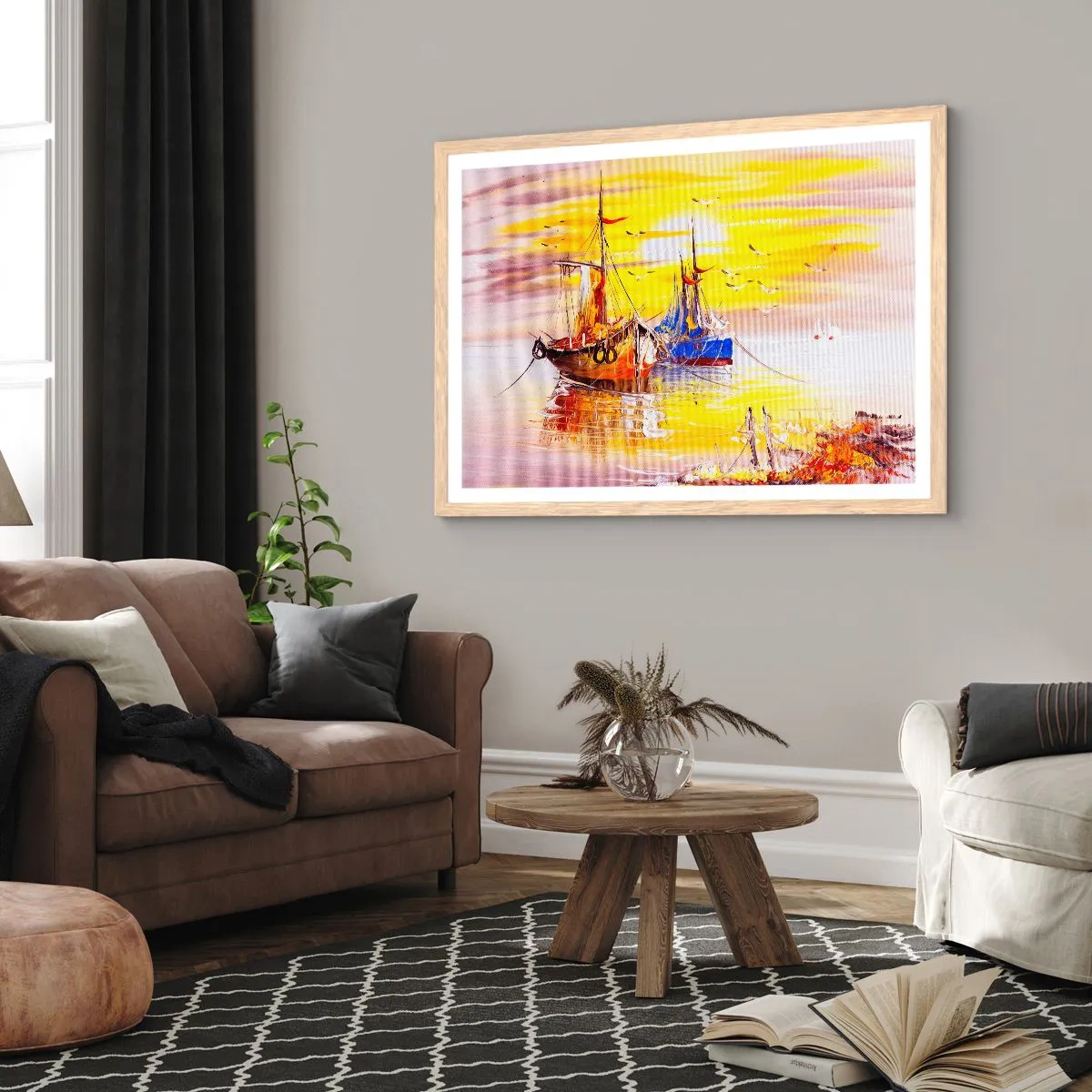 Affiche dans un chêne clair - Poster - Un repos bien mérité au port - 50x40 cm