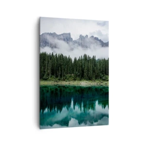 Impression sur toile - Image sur toile - Un paysage de montagne avec une forêt et un lac reflétant le ciel - 70x100cm - Chut, chut, ne réveillons pas l'eau qui dort - Décoration murale moderne pour le salon et la chambre ARTTOR