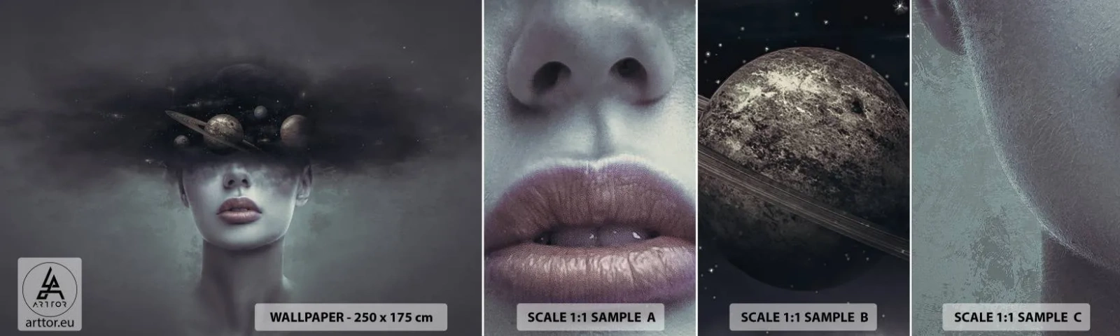 Échantillon De Papier Peint Standard Eco - Et les planètes deviennent folles... - Abstraction, Visage de femme, Cosmos - 100x30 cm