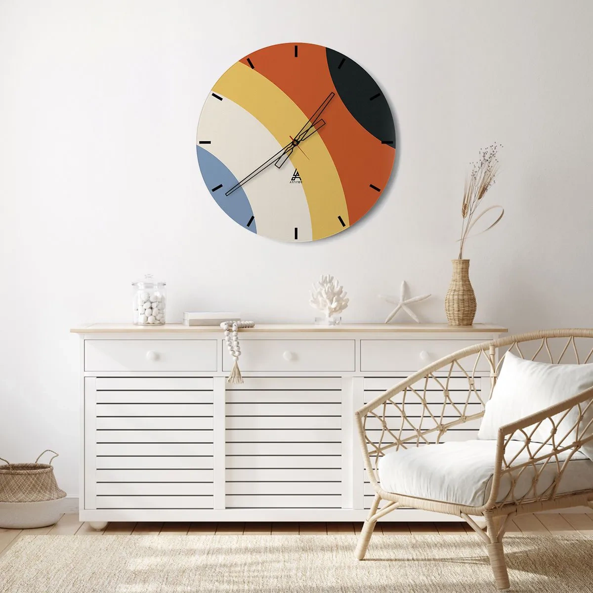 Horloge murale - Pendule murale - Arcs géométriques dans les tons orange, beige et bleu - 30x30cm - Vers son soi - Décoration murale moderne pour le salon, la cuisine et la chambre ARTTOR