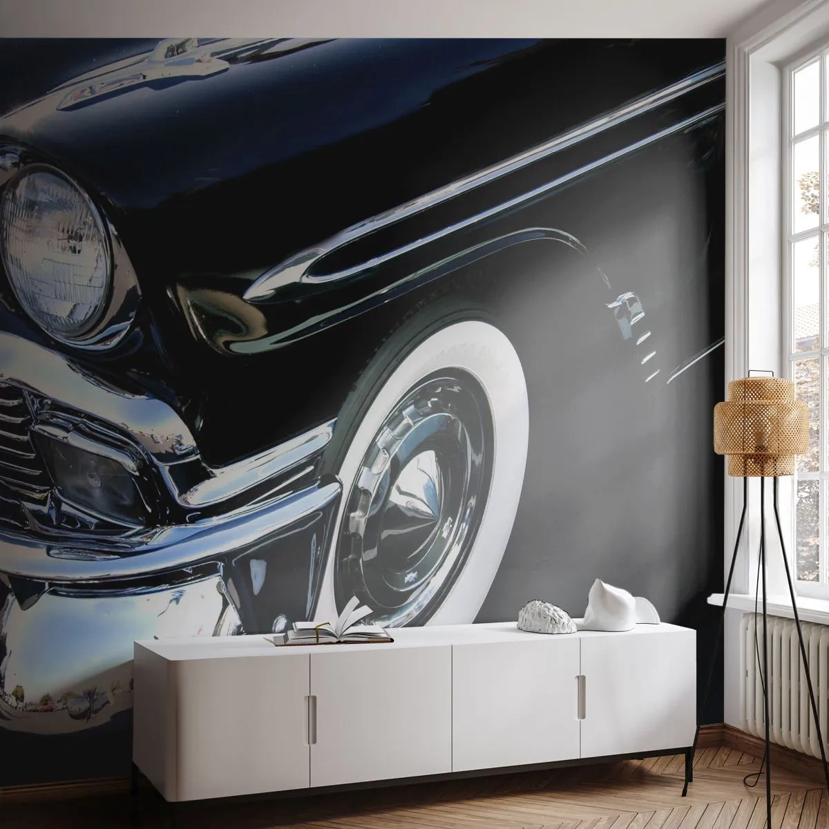 Papier Peint Photo Premium Canvas - Classique en argent, noir et blanc - Automobile, Voiture, blanc et noir - 350x256 cm