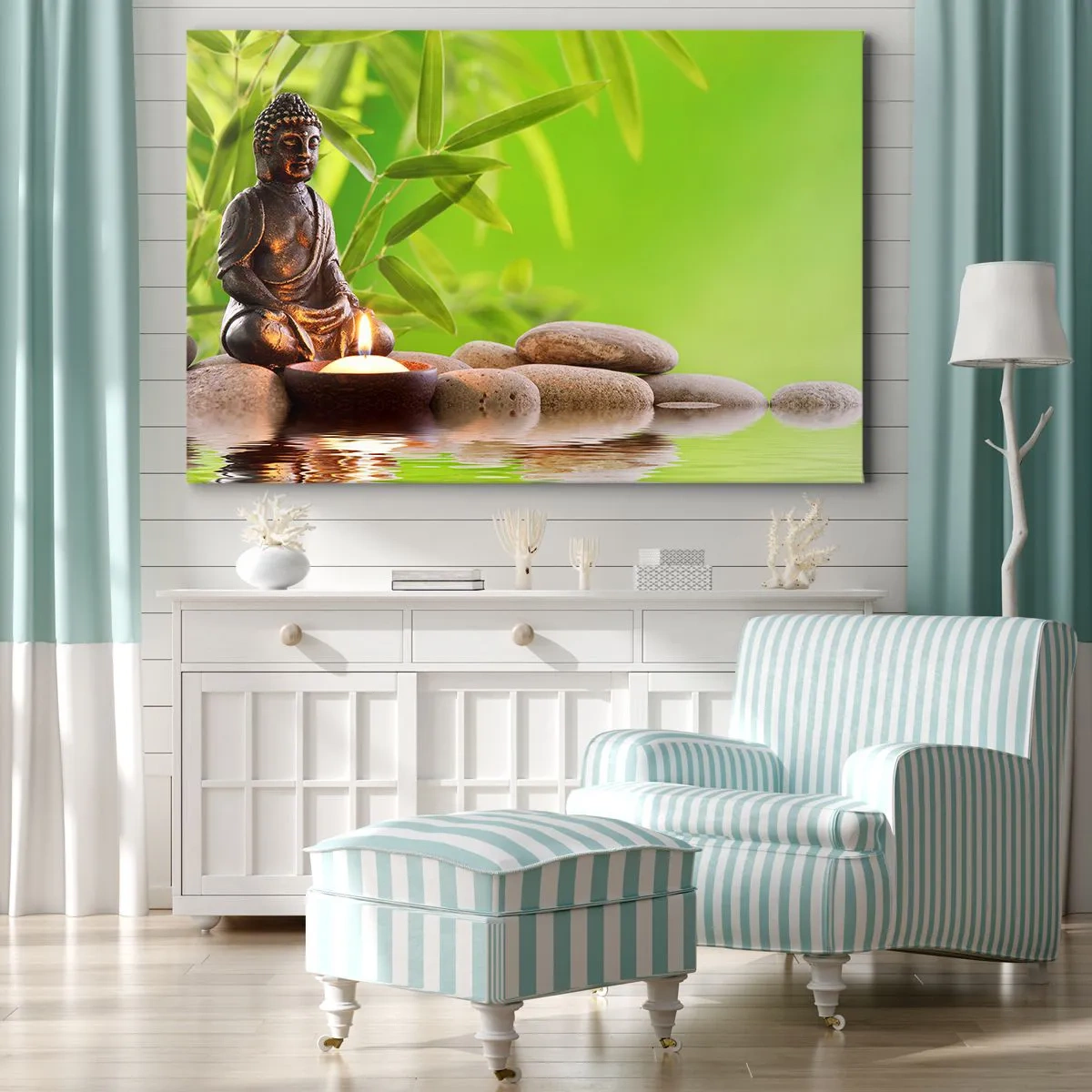 Impression sur toile - Image sur toile - Figure de Bouddha avec des pierres et une bougie sur un fond de bambou - 100x70cm - La vie est belle - Décoration murale moderne pour le salon et la chambre ARTTOR