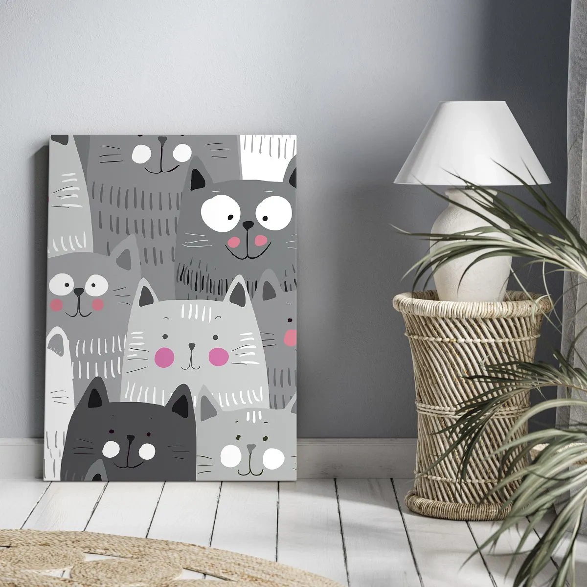 Impression sur toile - Image sur toile - Un motif amusant avec des chats dans des tons de gris - 70x100cm - Le monde des chats - Décoration murale moderne pour le salon et la chambre ARTTOR