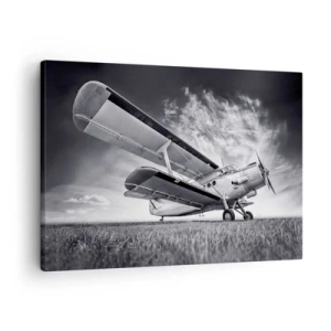 Impression sur toile - Image sur toile - Un avion contre un ciel dramatique en noir et blanc - 70x50cm - Le pèlerin ailé - Décoration murale moderne pour le salon et la chambre ARTTOR