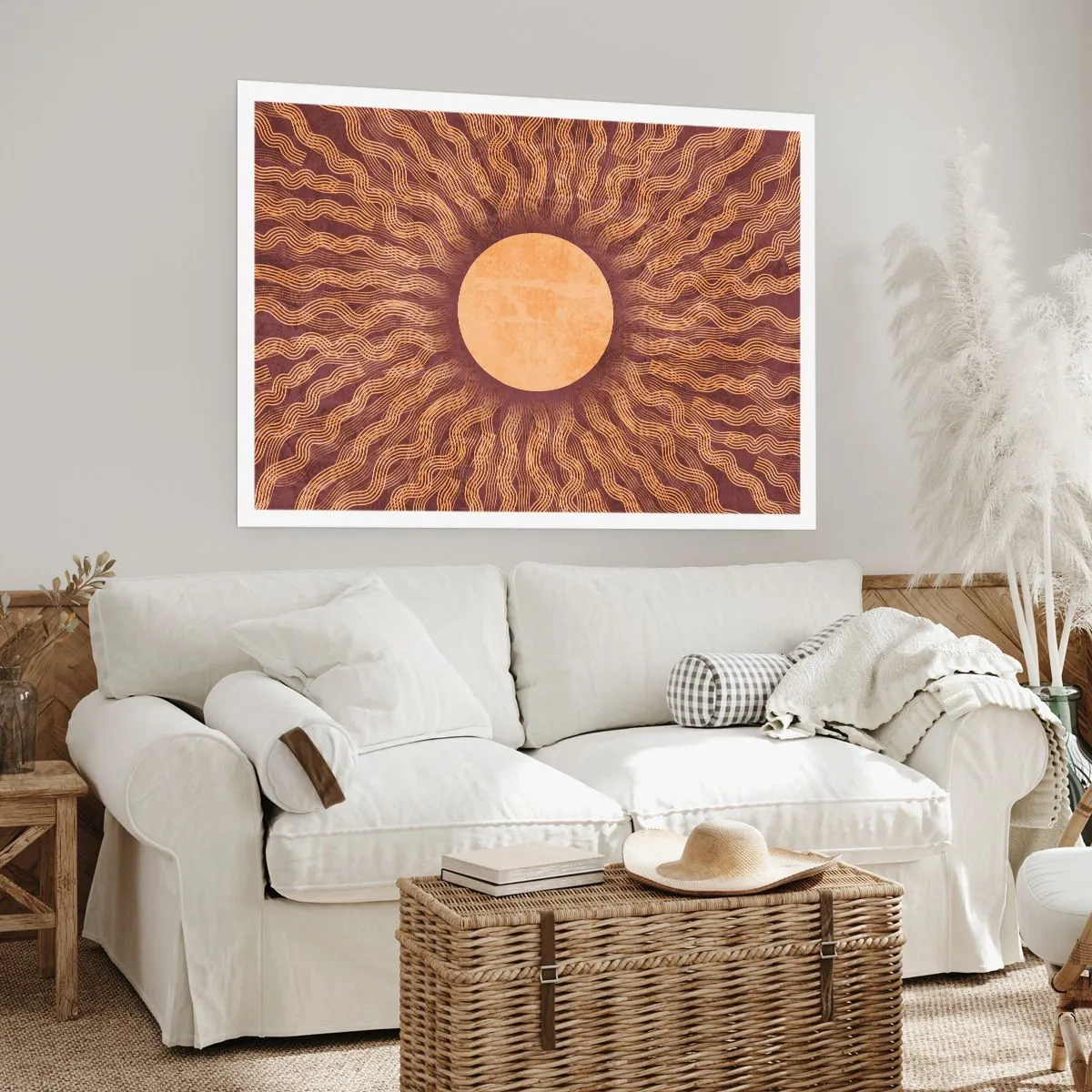 Affiche - Poster - Motif ensoleillé avec des rayons sur un fond dans les tons marron - 100x70cm - Icône du soleil - Décoration murale moderne pour le salon et la chambre ARTTOR