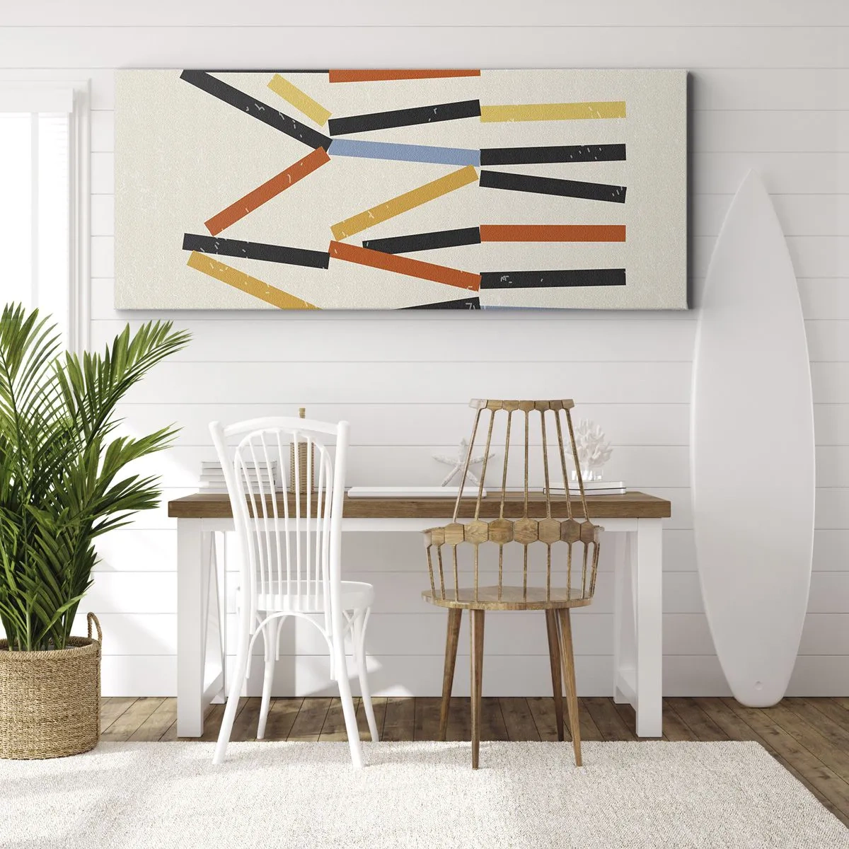 Impression sur toile - Image sur toile - Composition abstraite avec des rectangles colorés et noirs disposés horizontalement - 140x50cm - Composition de niveaux - Décoration murale moderne pour le salon et la chambre ARTTOR