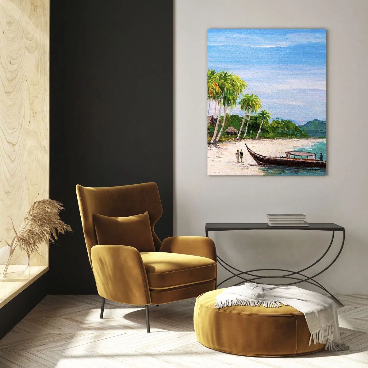 Impression sur verre - Image sur verre - Une plage exotique avec des palmiers et un bateau sur le rivage - 70x100cm - Rêve exotique - Décoration murale moderne pour le salon et la chambre ARTTOR