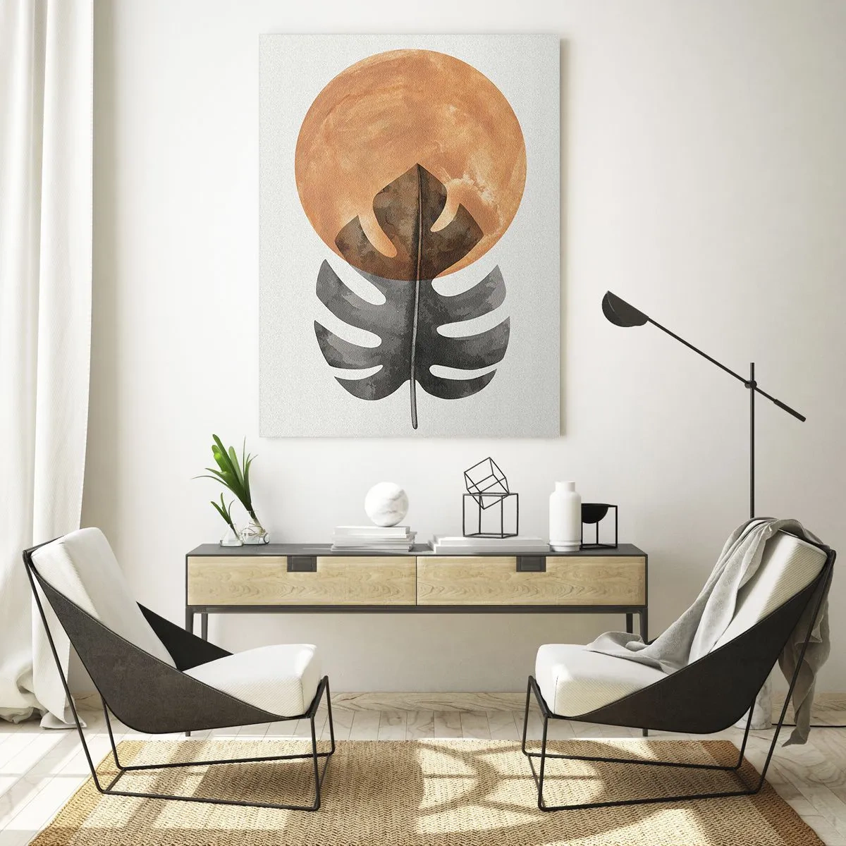 Impression sur verre - Image sur verre - Feuille de Monstera et cercle orange dans un style graphique sur fond blanc. - 50x70cm - Toujours le soleil - Décoration murale moderne pour le salon et la chambre ARTTOR