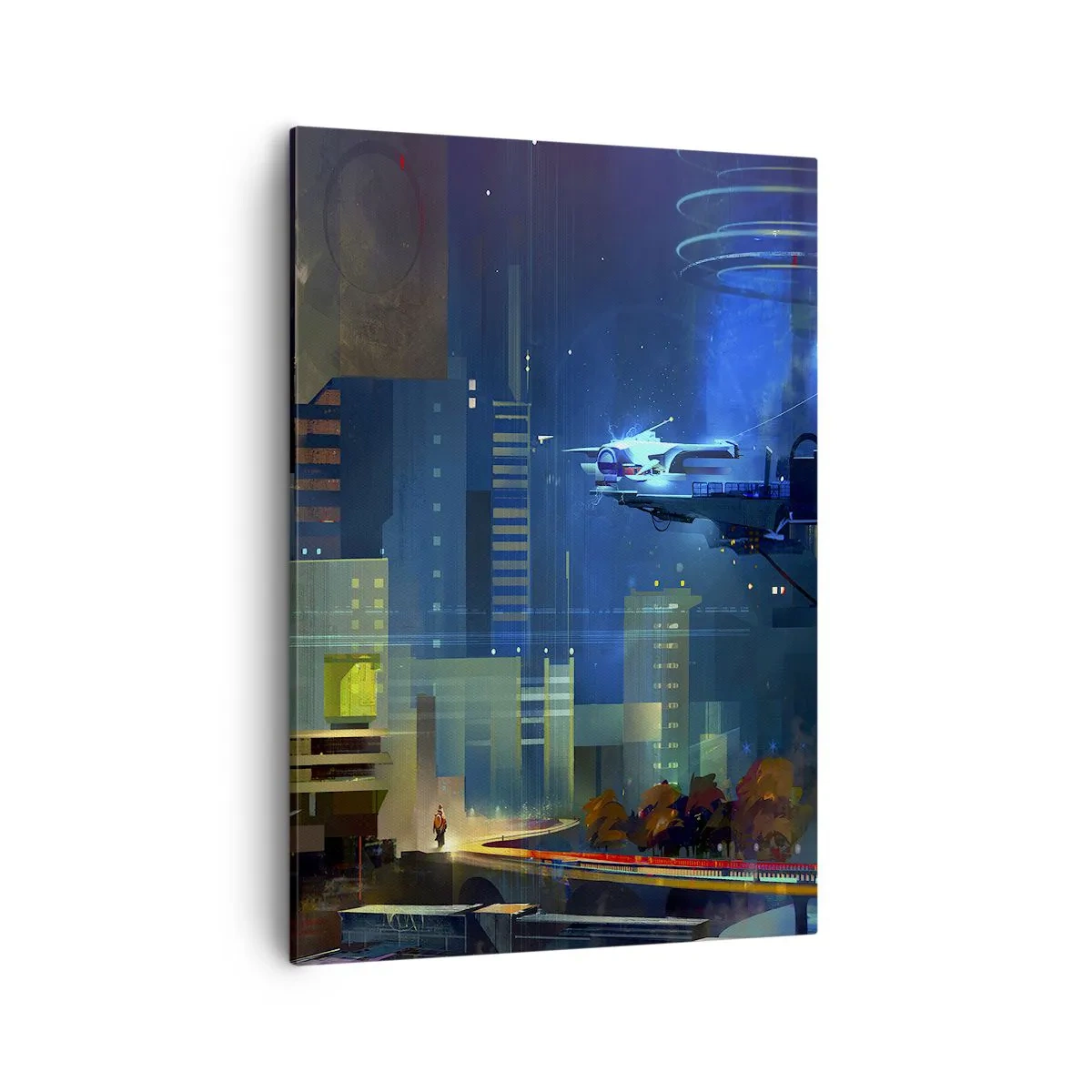 Impression sur toile - Image sur toile - Ville futuriste la nuit avec des néons et un véhicule volant - 50x70cm - Dans le futur proche - Décoration murale moderne pour le salon et la chambre ARTTOR