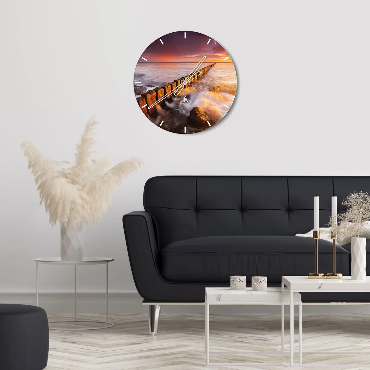 Horloge murale - Pendule murale - Coucher de soleil sur la mer avec un brise-lames - 30x30cm - La douceur des vagues - Décoration murale moderne pour le salon, la cuisine et la chambre ARTTOR