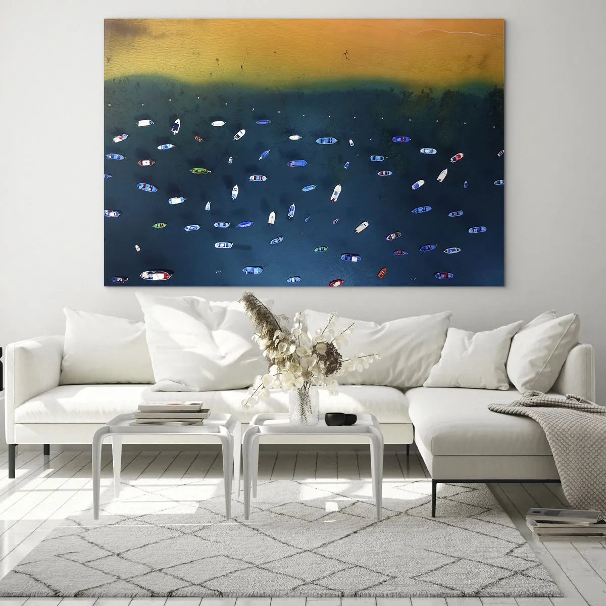 Impression sur verre - Image sur verre - Des bateaux sur fond d'eau turquoise et de rivage doré - 100x70cm - Jeu de vacances - Décoration murale moderne pour le salon et la chambre ARTTOR