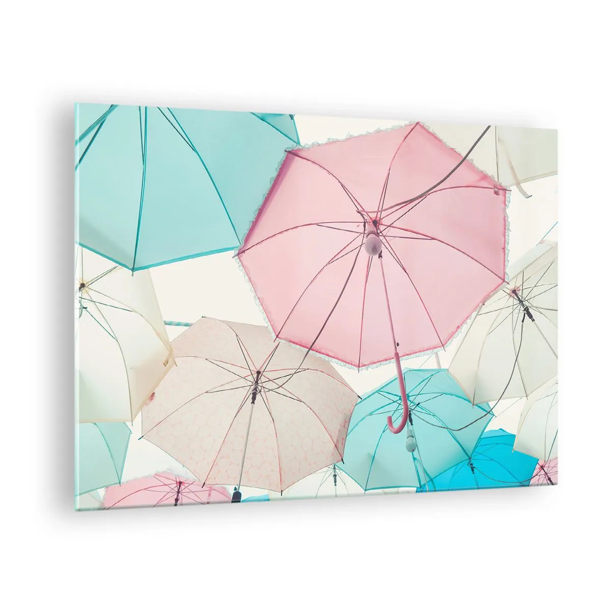 Impression sur verre - Image sur verre - Des parapluies colorés flottant dans l'air - 70x50cm - Parfois le soleil, parfois la pluie - Décoration murale moderne pour le salon et la chambre ARTTOR