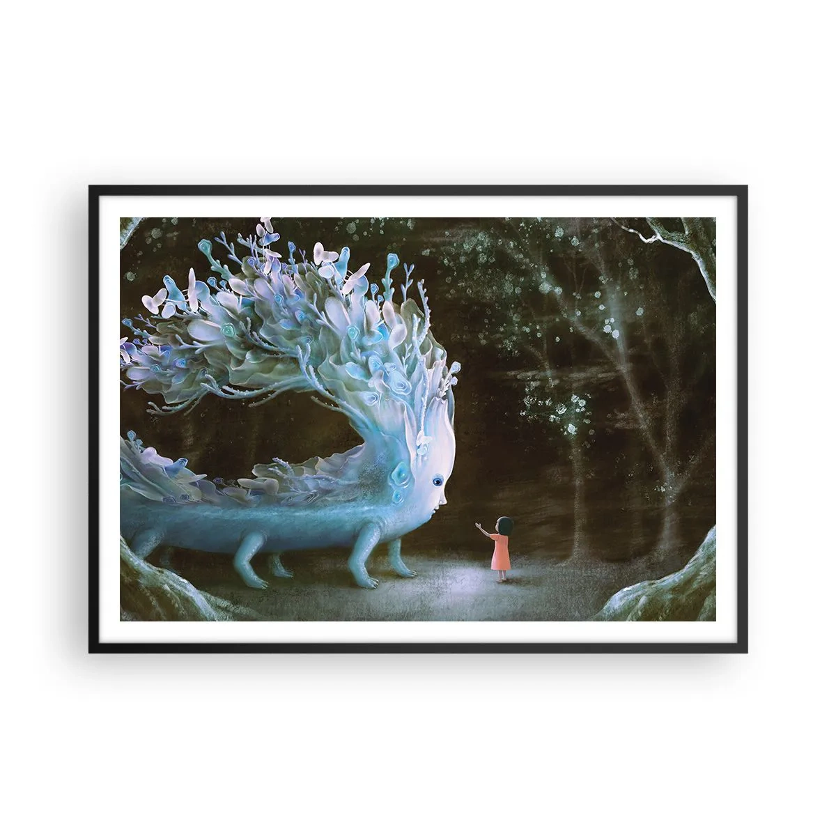 Affiche dans un cadre noir - Poster - La figure d'une fille face à une créature fantastique - 100x70cm - Une rencontre fantastique - Décoration murale moderne pour le salon et la chambre ARTTOR