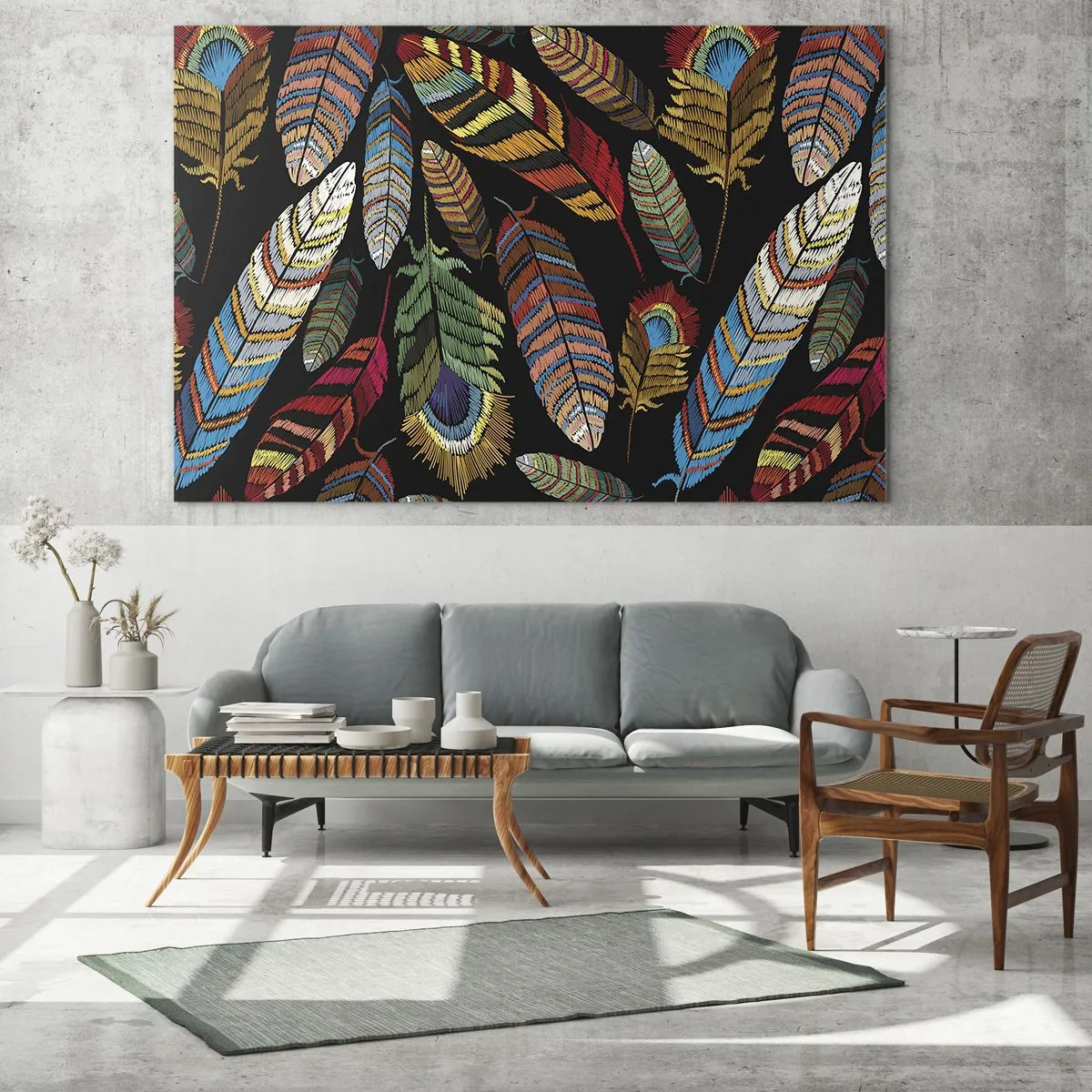Impression sur verre - Image sur verre - Plumes colorées sur fond sombre dans un motif artistique - 120x80cm - Le carnaval des oiseaux - Décoration murale moderne pour le salon et la chambre ARTTOR