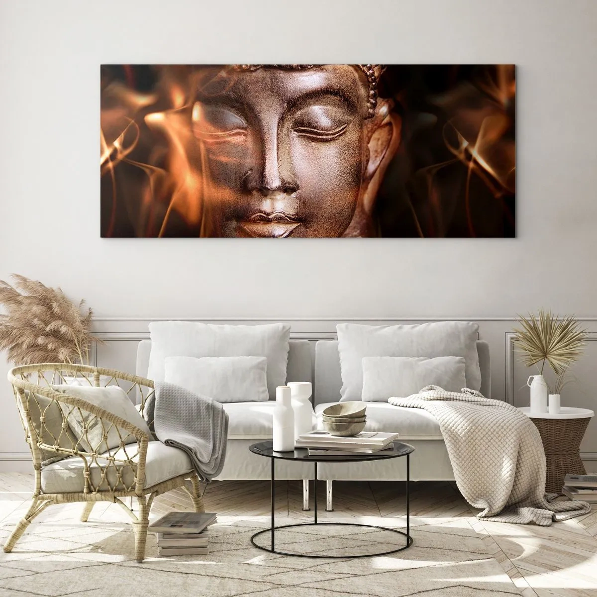 Impression sur verre - Image sur verre - Une statue de Bouddha au milieu de flammes aux teintes dorées - 160x50cm - Il n'existe qu'ici et maintenant - Décoration murale moderne pour le salon et la chambre ARTTOR