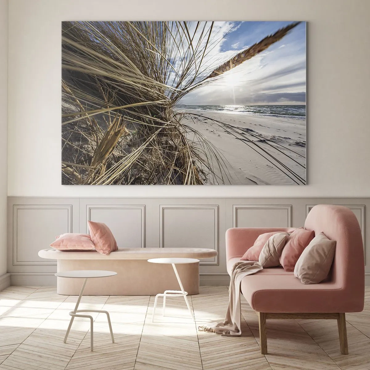 Impression sur verre - Image sur verre - Herbe dorée sur fond de plage de sable et de mer - 100x70cm - Rencontre des éléments - Décoration murale moderne pour le salon et la chambre ARTTOR