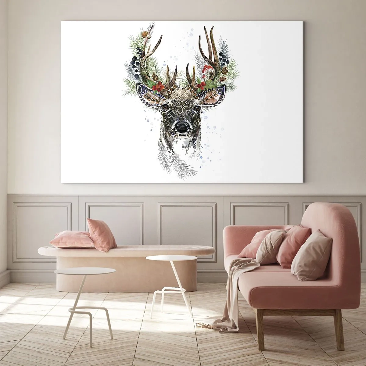 Impression sur verre - Image sur verre - Portrait d'un cerf avec des décorations de Noël, des branches et des baies - 70x50cm - En robe de fête - Décoration murale moderne pour le salon et la chambre ARTTOR