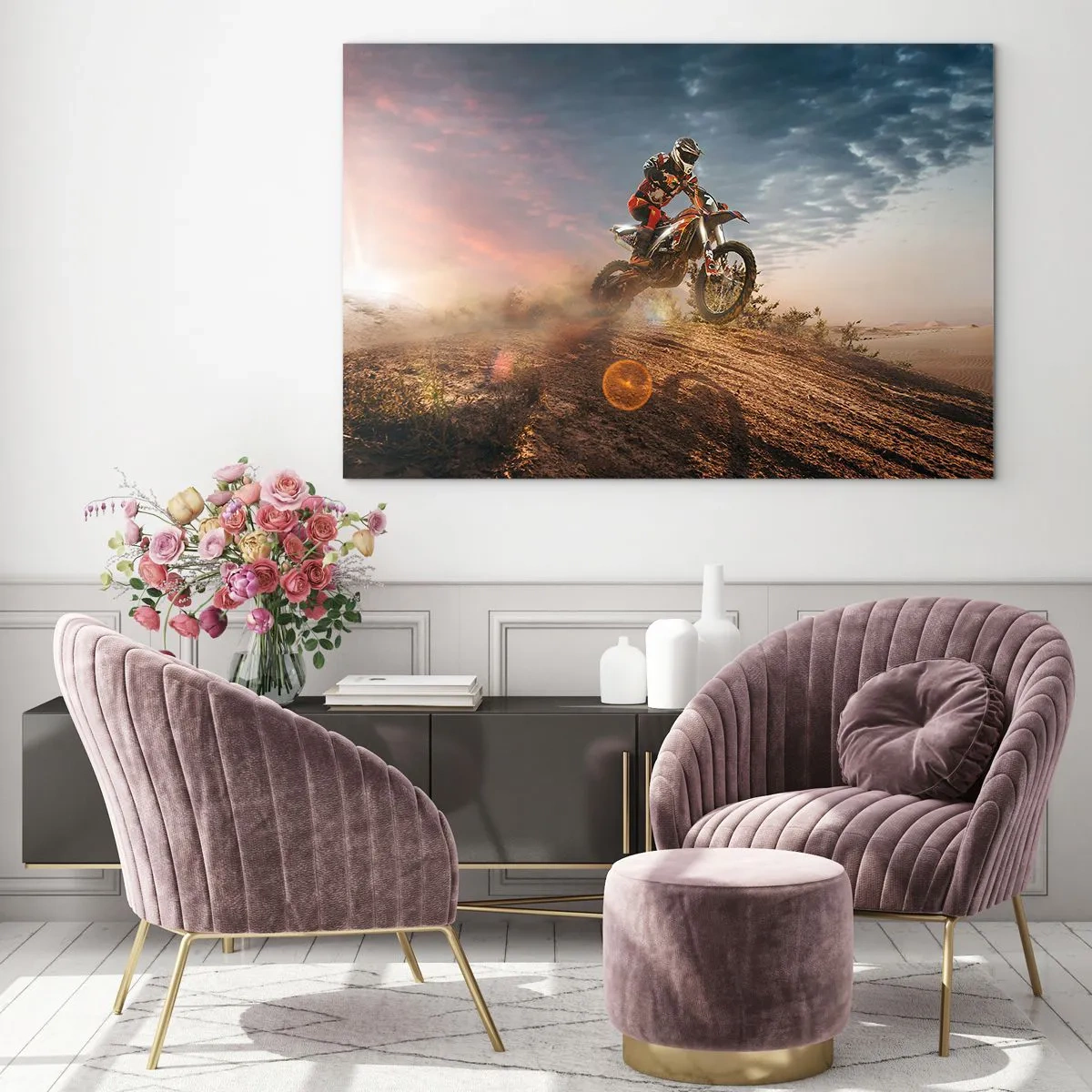 Impression sur verre - Image sur verre - Motocycliste dans le désert dans un cadre dynamique - 70x50cm - Pour la victoire - Décoration murale moderne pour le salon et la chambre ARTTOR