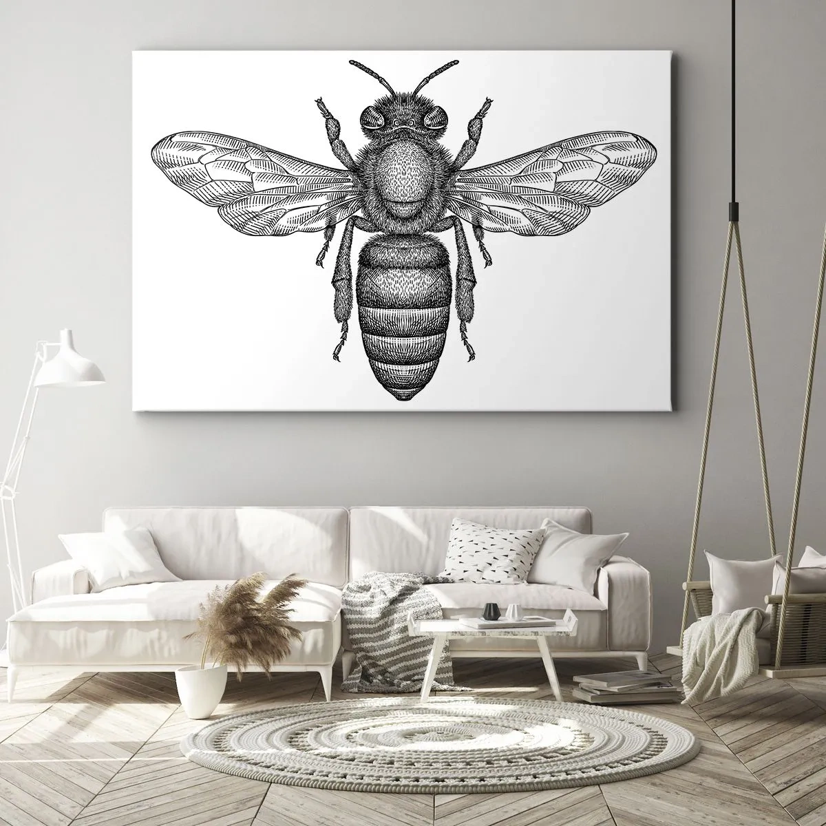 Impression sur toile - Image sur toile - Un motif d'abeille de dessin animé sur fond blanc dans un style minimaliste. - 120x80cm - Portrait d'insecte - Décoration murale moderne pour le salon et la chambre ARTTOR