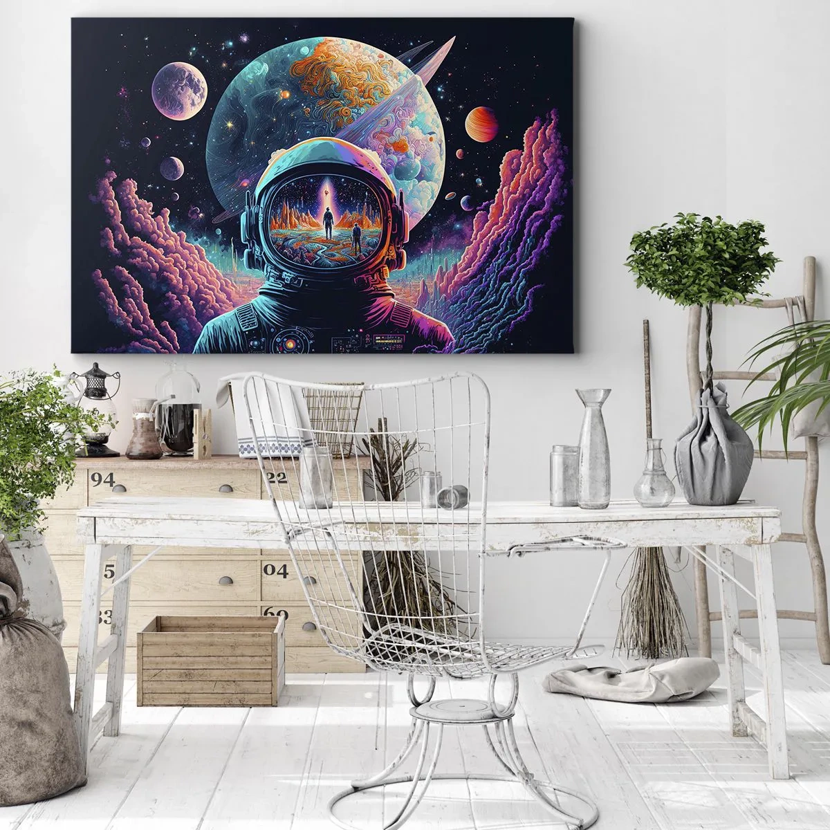Impression sur toile - Image sur toile - Astronaute dans l'espace avec un paysage planétaire coloré - 120x80cm - Les philosophes n'en ont pas rêvé - Décoration murale moderne pour le salon et la chambre ARTTOR