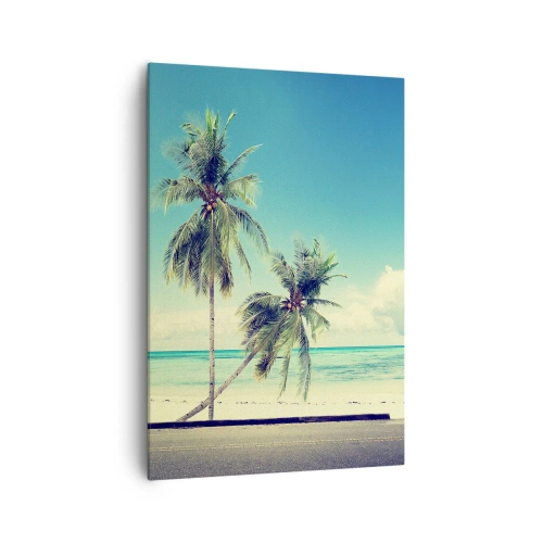 Impression sur toile - Image sur toile - Une camionnette rose avec une planche de surf sur une plage tropicale. - 70x100cm - Il est temps de commencer les vacances - Décoration murale moderne pour le salon et la chambre ARTTOR