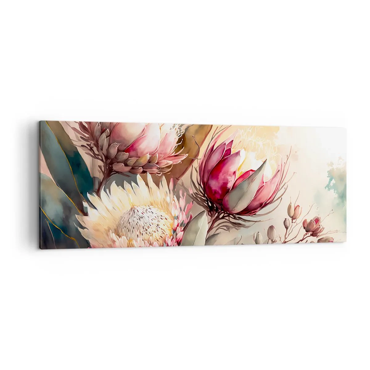 Impression sur toile - Image sur toile - Fleurs de Protea aux tons pastel délicats - 140x50cm - De profil et de face - Décoration murale moderne pour le salon et la chambre ARTTOR