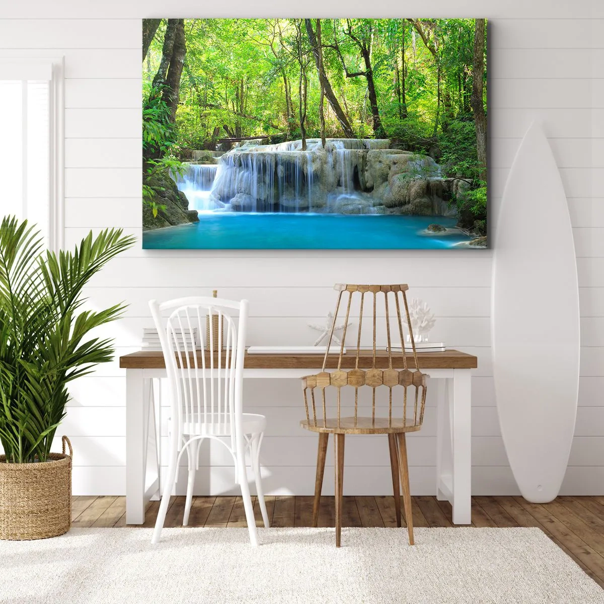 Impression sur toile - Image sur toile - Une cascade parmi des arbres verts avec de l'eau bleue dans un cadre naturel - 100x70cm - Se noyer dans le turquoise et le vert - Décoration murale moderne pour le salon et la chambre ARTTOR