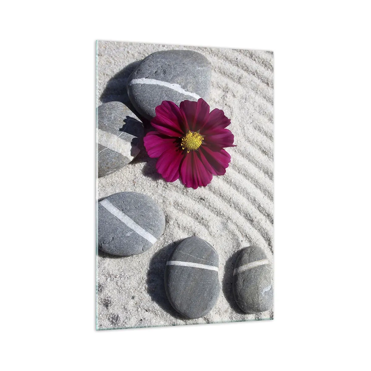 Impression sur verre - Image sur verre - Des pierres et une fleur rose sur le sable dans un style zen - 70x100cm - Énergie et paix du cercle magique de la nature - Décoration murale moderne pour le salon et la chambre ARTTOR