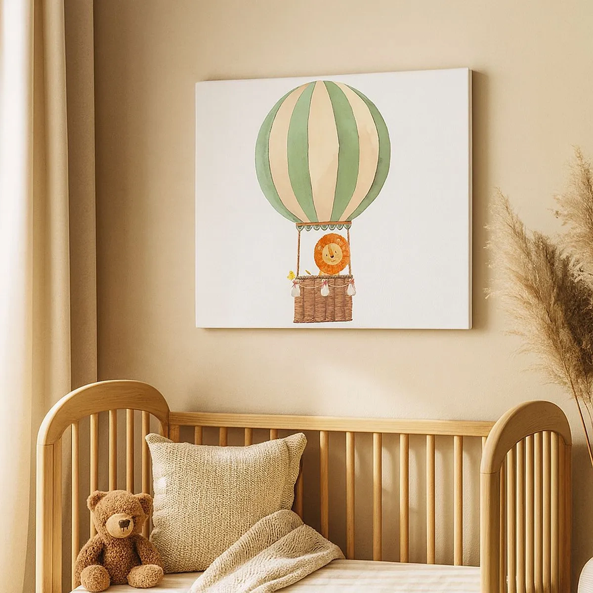 Impression sur toile - Image sur toile - Un ballon avec un lion souriant dans un panier aux couleurs pastel - 70x50cm - Les voyages de Léon - Décoration murale moderne pour le salon et la chambre ARTTOR
