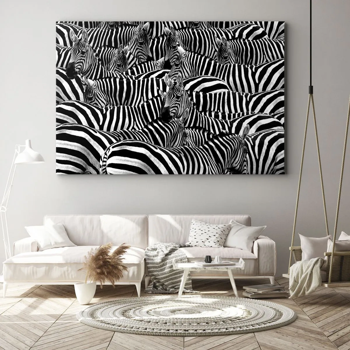Impression sur toile - Image sur toile - Un groupe de zèbres avec des rayures noires et blanches créant un motif de symétrie. - 120x80cm - Portrait collectif à rayures - Décoration murale moderne pour le salon et la chambre ARTTOR