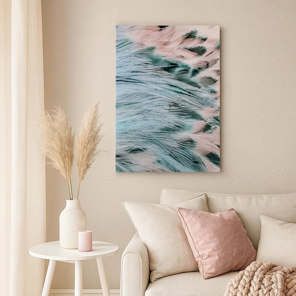Impression sur toile - Image sur toile - Gros plan de plumes aux couleurs rose saphir pastel - 50x70cm - Duvet rose saphir - Décoration murale moderne pour le salon et la chambre ARTTOR
