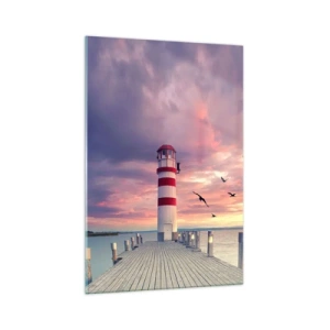 Impression sur verre - Image sur verre - Un phare sur la jetée entouré d'un coucher de soleil pittoresque - 70x100cm - C'est l'heure d'aller au port - Décoration murale moderne pour le salon et la chambre ARTTOR