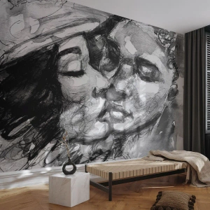 Papier Peint Photo Premium Sand - Croquis en noir et blanc de deux visages qui s'embrassent - 100x70cm - Un moment tendre - Décoration murale moderne pour le salon et la chambre ARTTOR