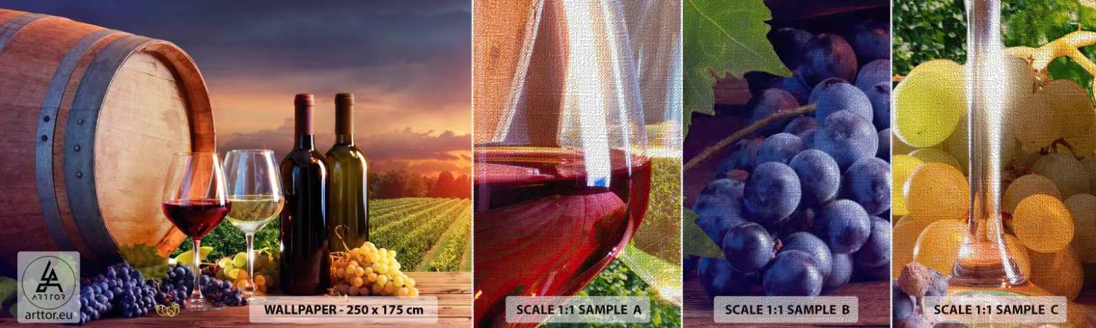Échantillon de Papier Peint Premium Canvas - Ici la vie a du goût - Vignoble, Tonneau de vin, Raisin - 100x30 cm