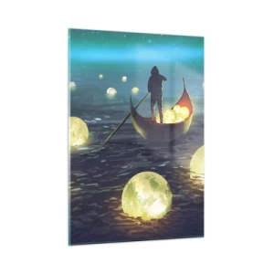 Impression sur verre - Image sur verre - Un bateau avec des lanternes sur l'eau dans un paysage surréaliste - 50x70cm - Des choses dont les philosophes n'ont jamais rêvé - Décoration murale moderne pour le salon et la chambre ARTTOR