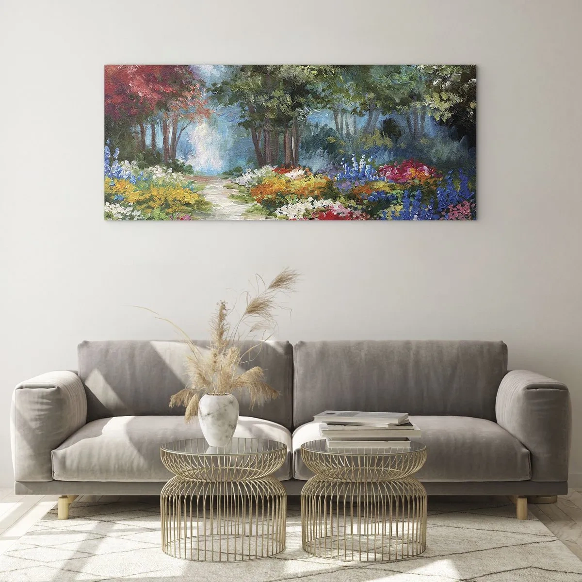 Impression sur verre - Image sur verre - Un jardin pittoresque rempli de fleurs et d'arbres colorés dans un cadre forestier - 160x50cm - Jardin forestier, forêt de fleurs - Décoration murale moderne pour le salon et la chambre ARTTOR